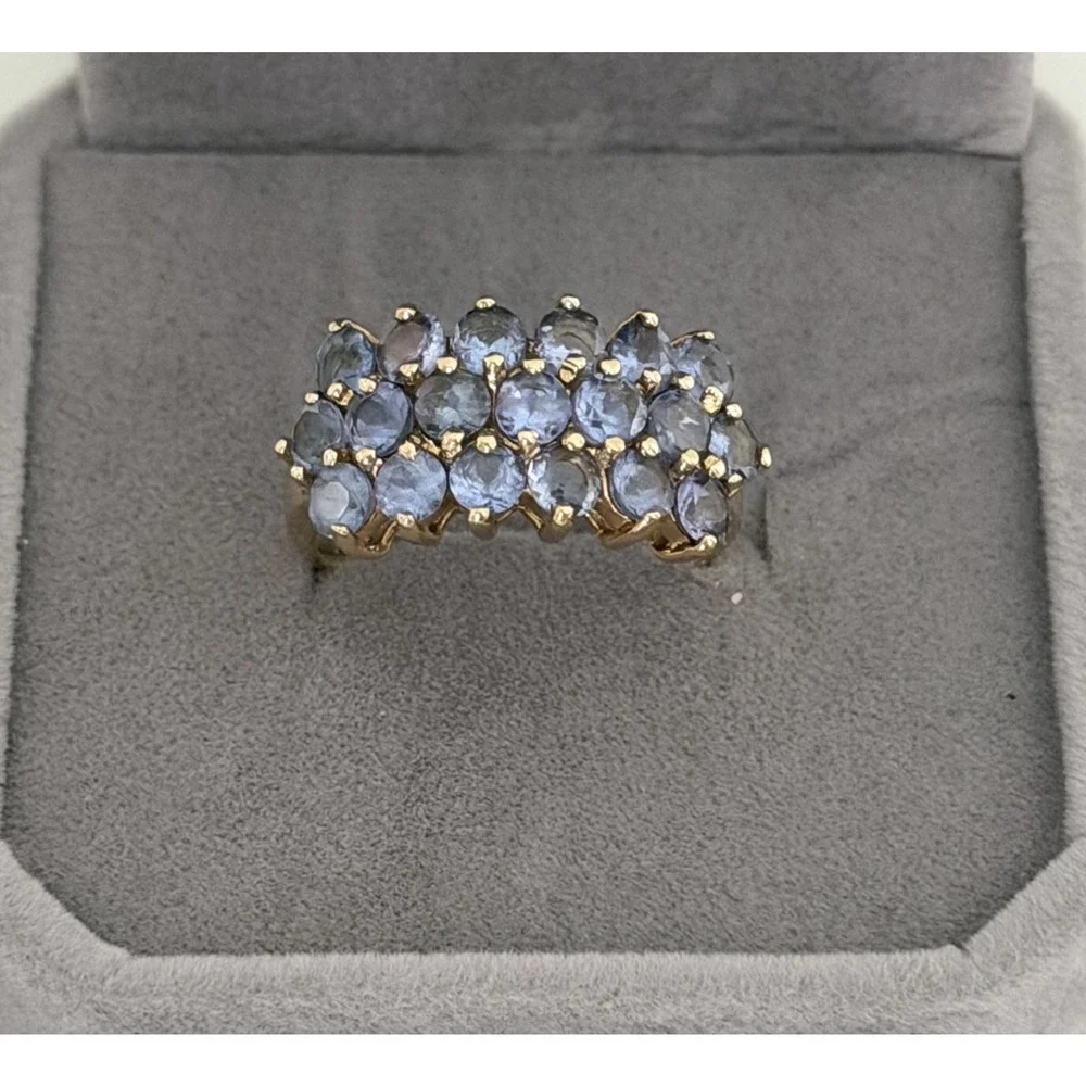 Clyde Duneier Designer 10K Yellow Gold Tanzanite Triple Row Ring Size 6